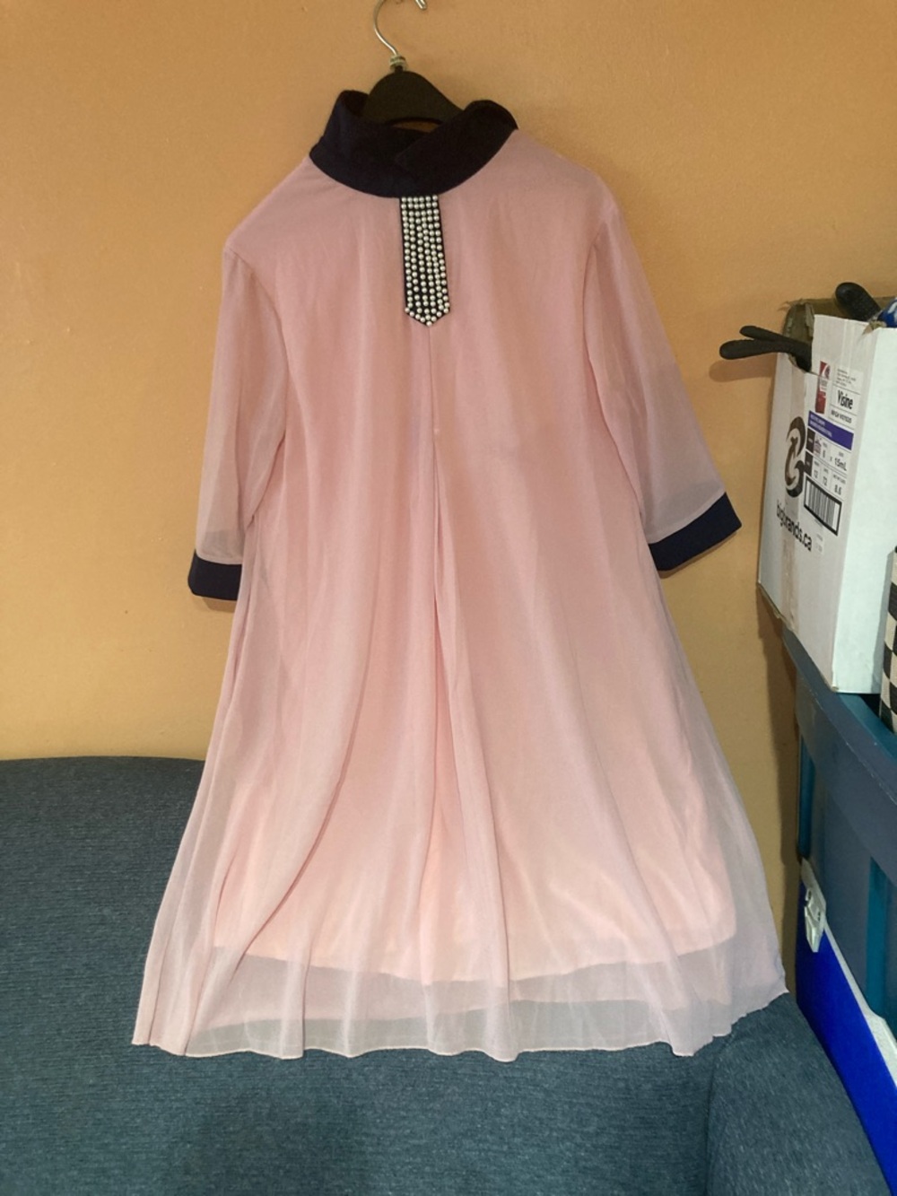Pink Asymmetrical Sheer Dress with Navy Trim and Rhinestone Accent